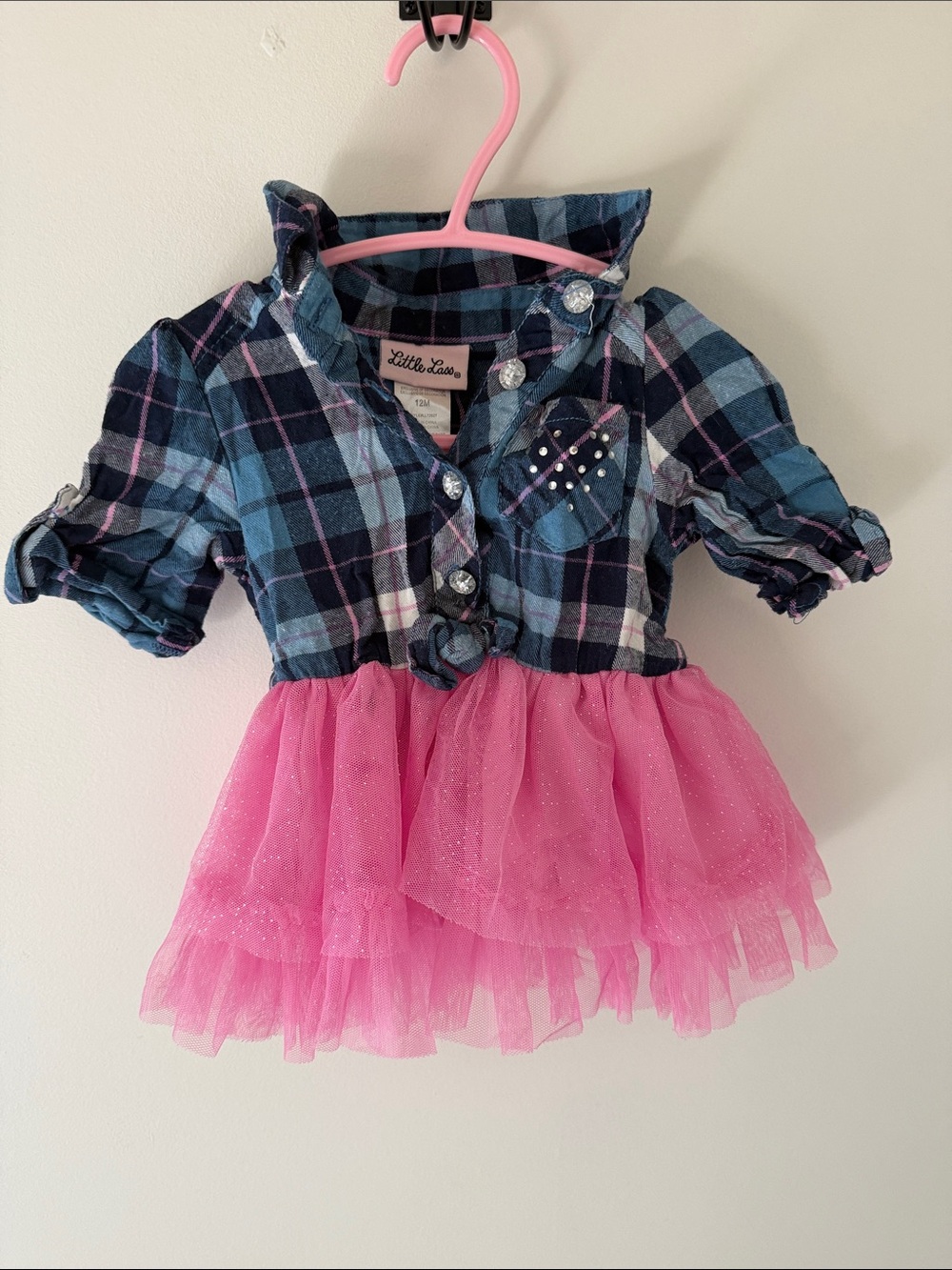 Little Lass Navy Plaid Shirt Top with Pink Sparkle Tulle Skirt